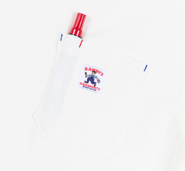 close-up of a t-shirt chest pocket with a red and blue logo on a white background