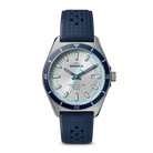 Shinola watch with blue strap and silver case on a white background