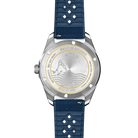 Watch with blue strap and silver case on a white background