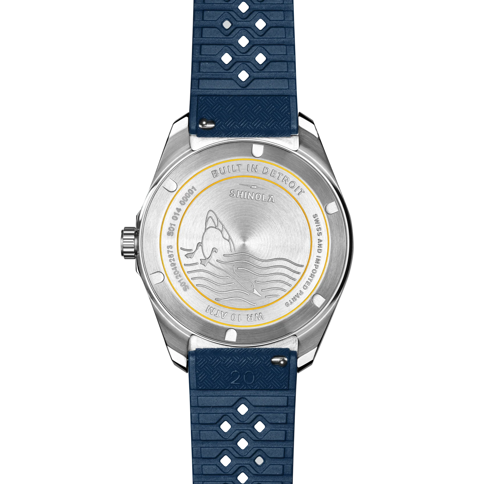 Watch with blue strap and silver case on a white background