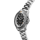 Silver Shinola watch with a black dial on a white background