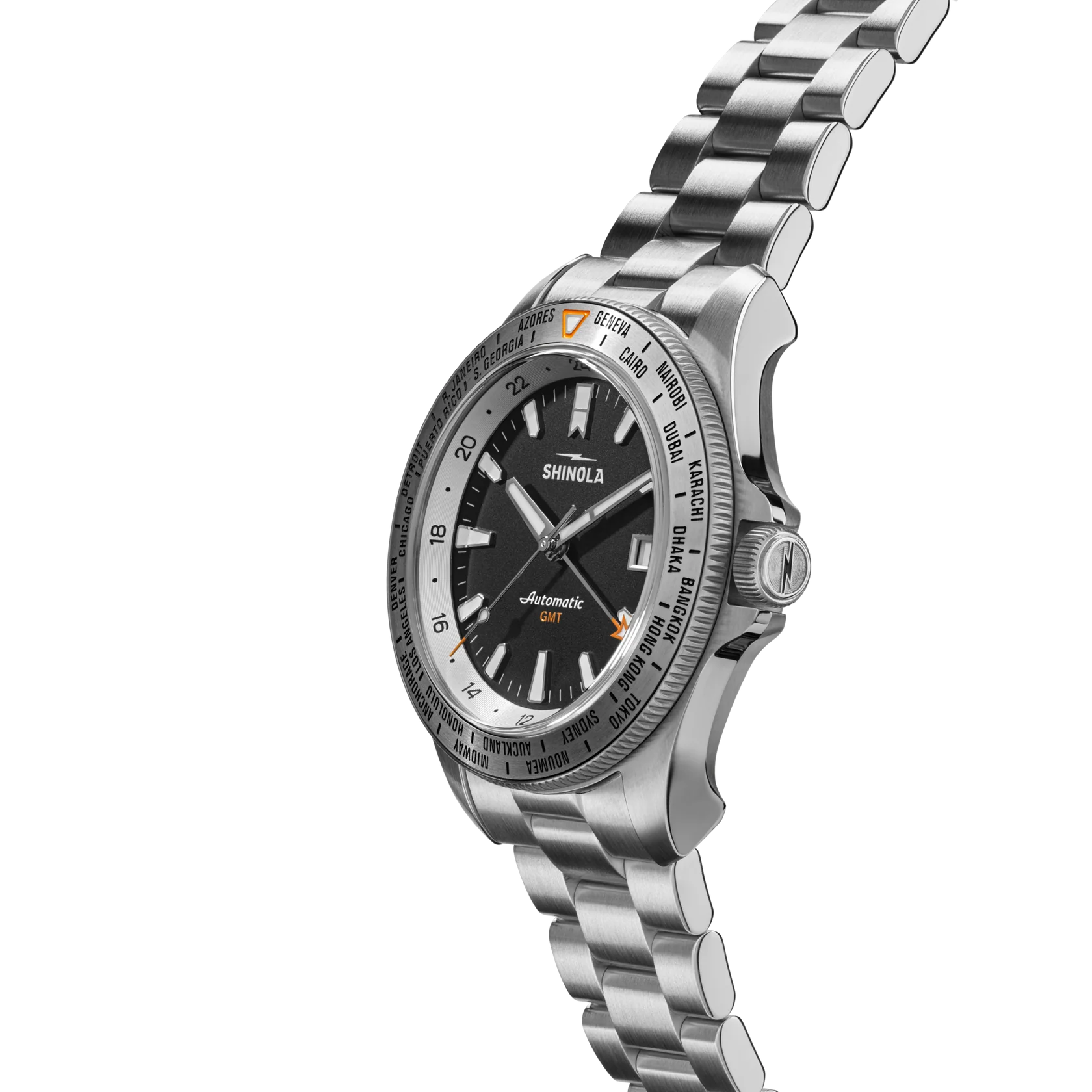 Silver Shinola watch with a black dial on a white background