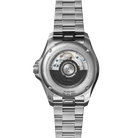 Silver watch with visible mechanical components on a white background