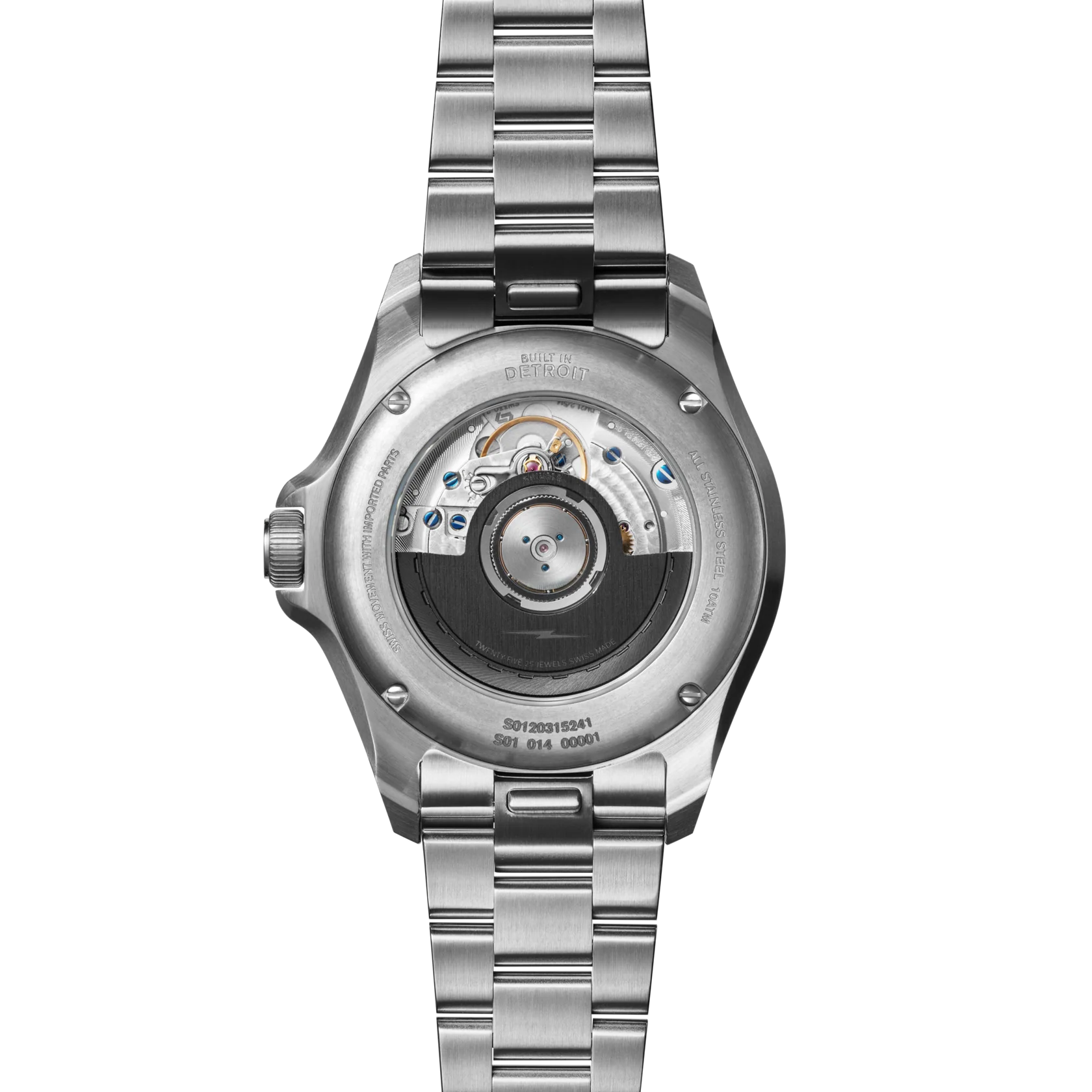 Silver watch with visible mechanical components on a white background