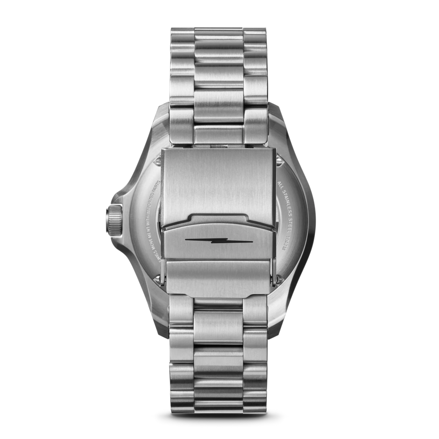 Silver watch with a metal band on a white background