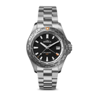 Shinola watch with silver bracelet and black dial on a white background
