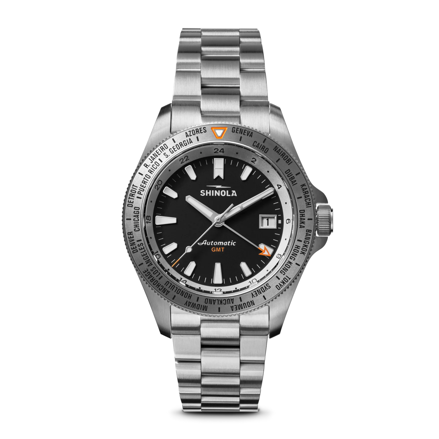 Shinola watch with silver bracelet and black dial on a white background