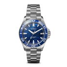 Shinola watch with blue dial and silver bracelet on a white background