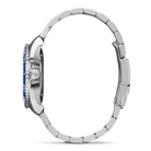 Close-up of a silver watch with a blue accent on a white background