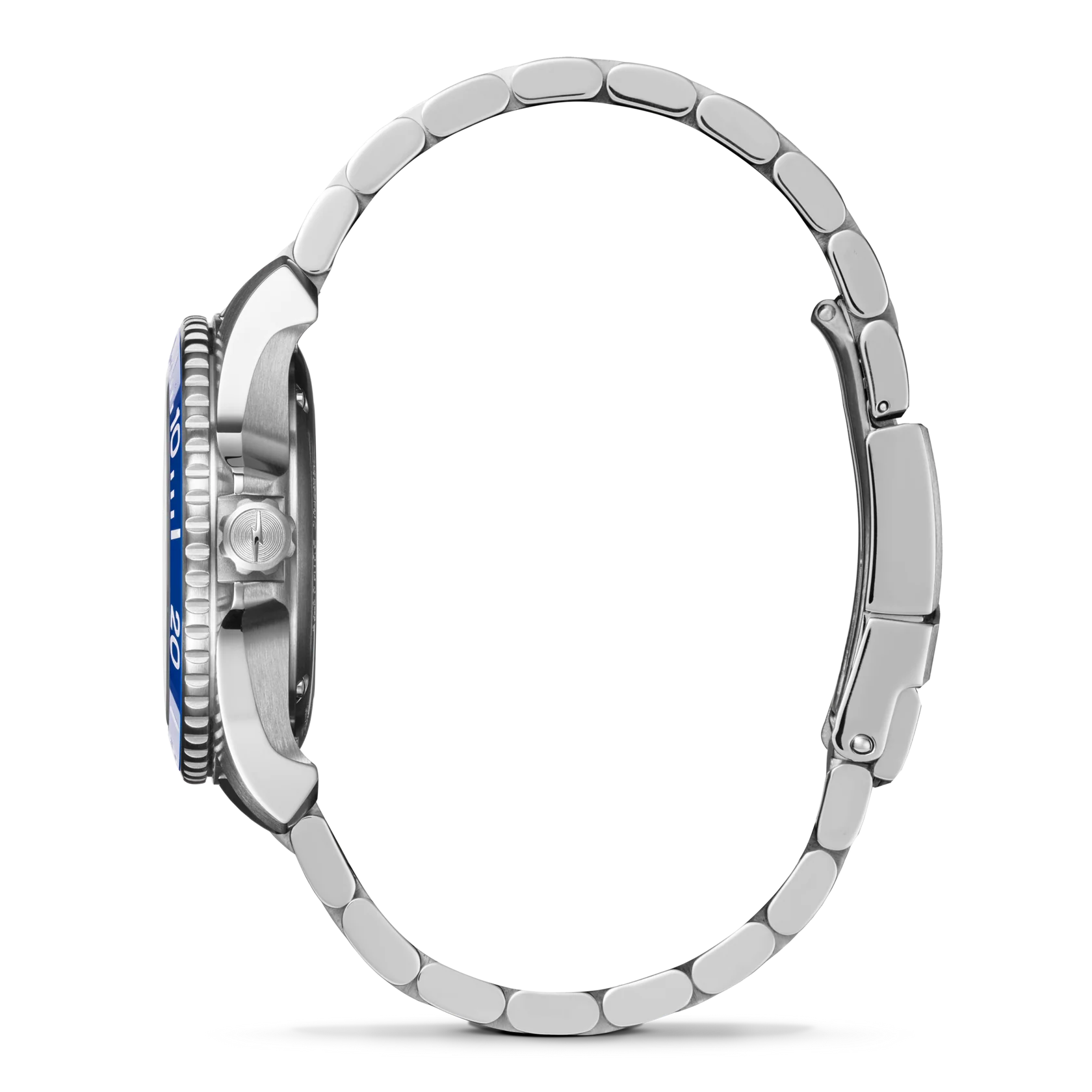 Close-up of a silver watch with a blue accent on a white background