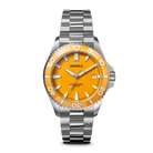 Shinola watch with orange face and silver bracelet on a white background