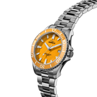 Shinola watch with orange dial and silver metal strap on white background