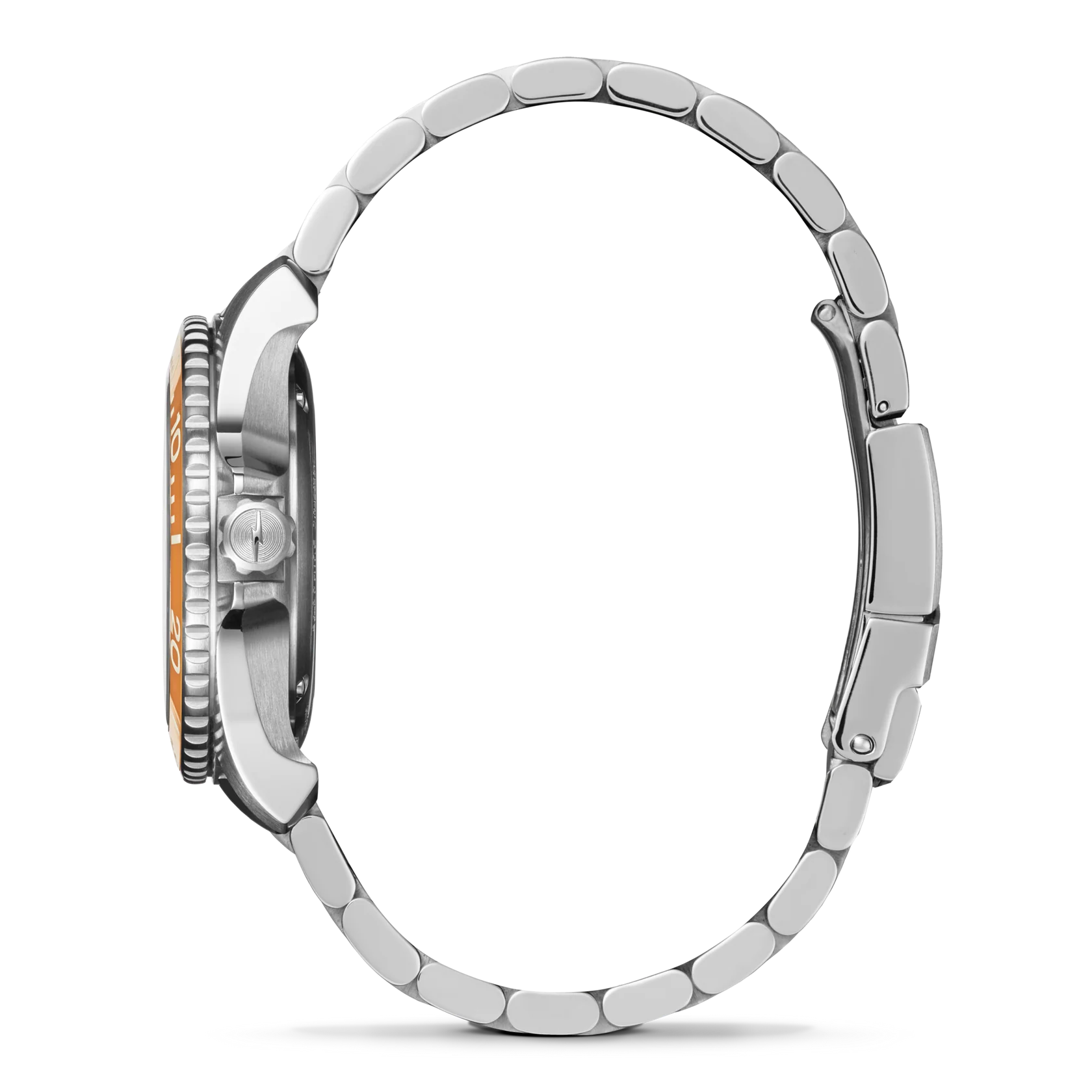 Close-up of a silver watch with a detailed band on a white background