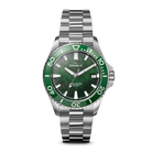 Shinola watch with green dial and silver bracelet on a white background