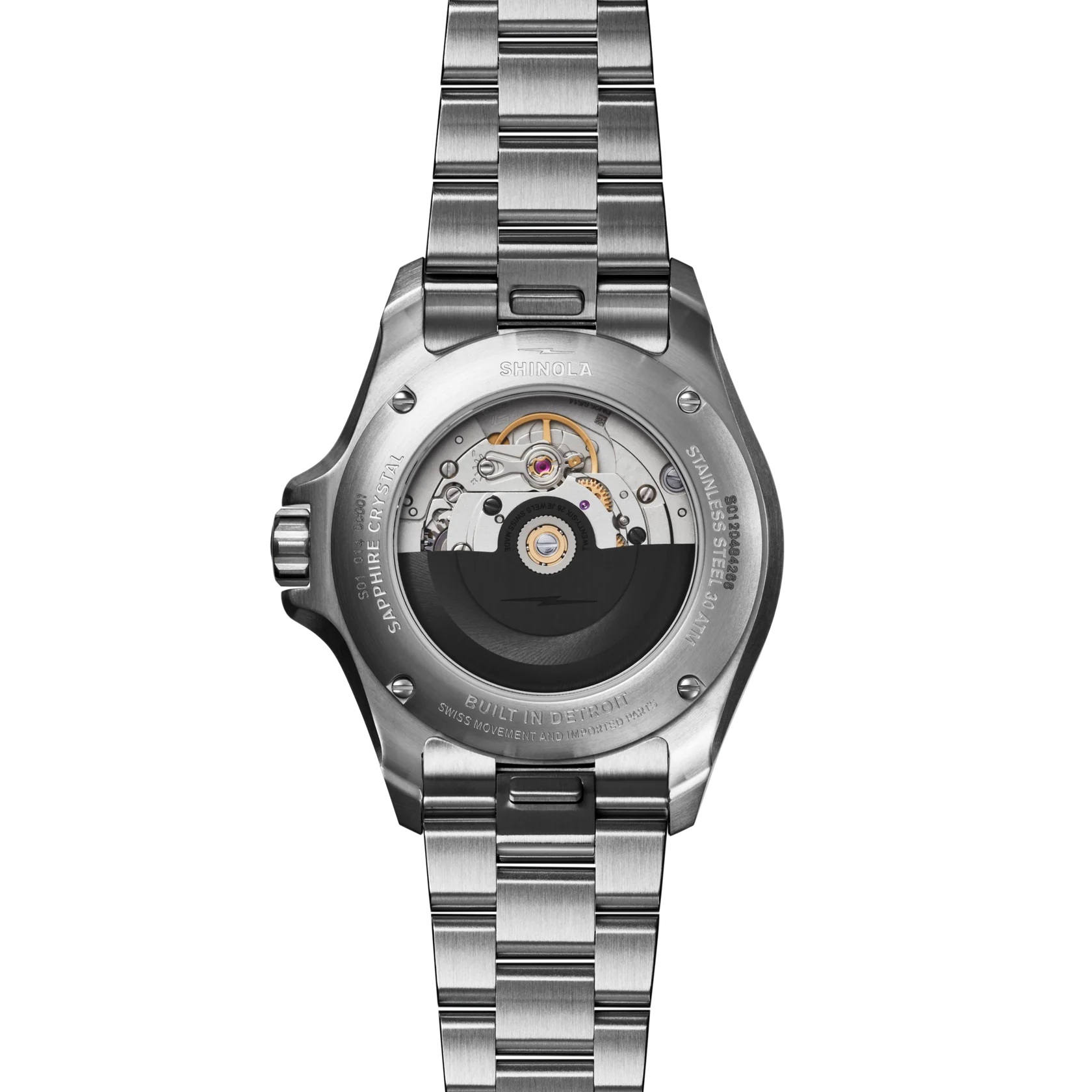 Silver watch with a detailed mechanical movement on a white background