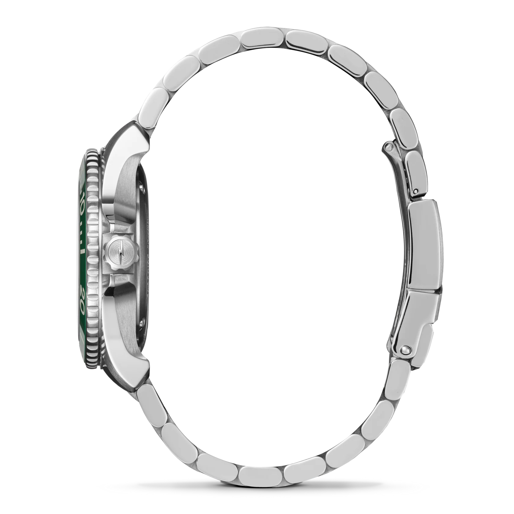 Close-up of a silver watch with a green face on a white background