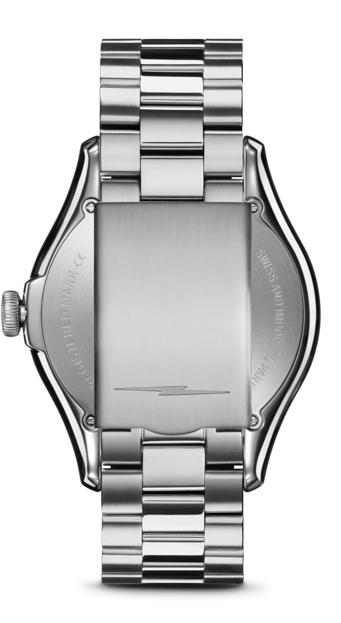 Silver watch with a detailed metal band on a white background