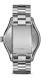 Silver watch with a detailed metal band on a white background