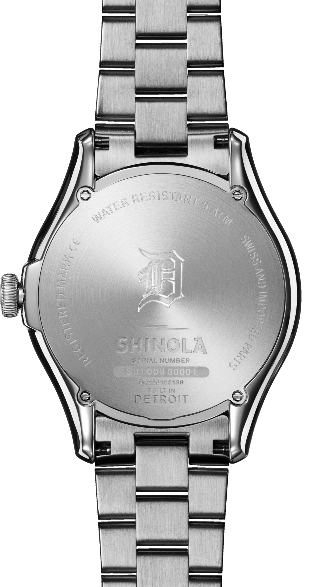 Back of a silver analog watch on a white background