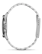 Silver watch with a metallic band on a white background