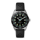 Silver watch with a black face and band on a white background
