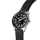 Silver watch with a black face and band on a white background