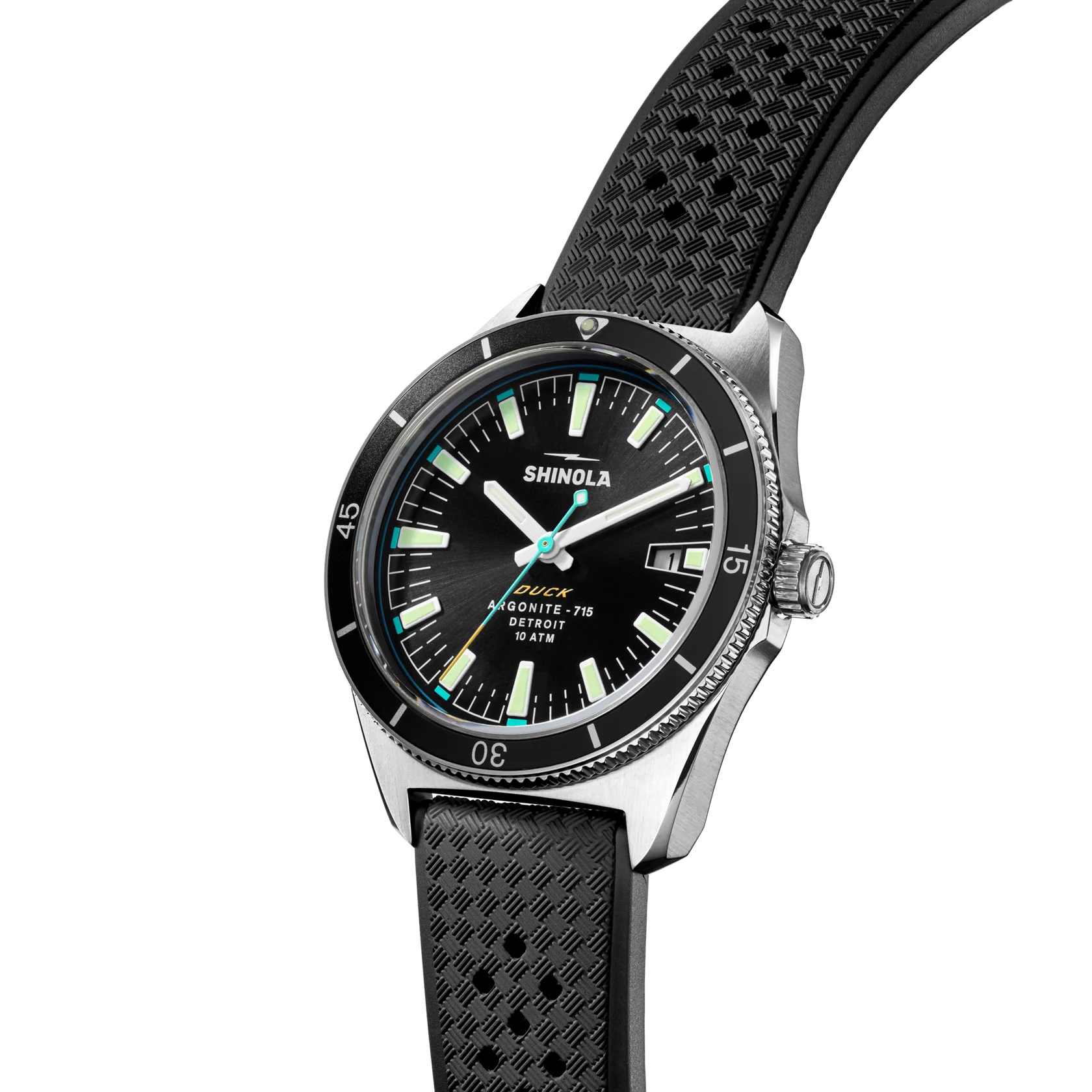 Silver watch with a black face and band on a white background