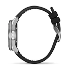 Silver watch with a black band on a white background