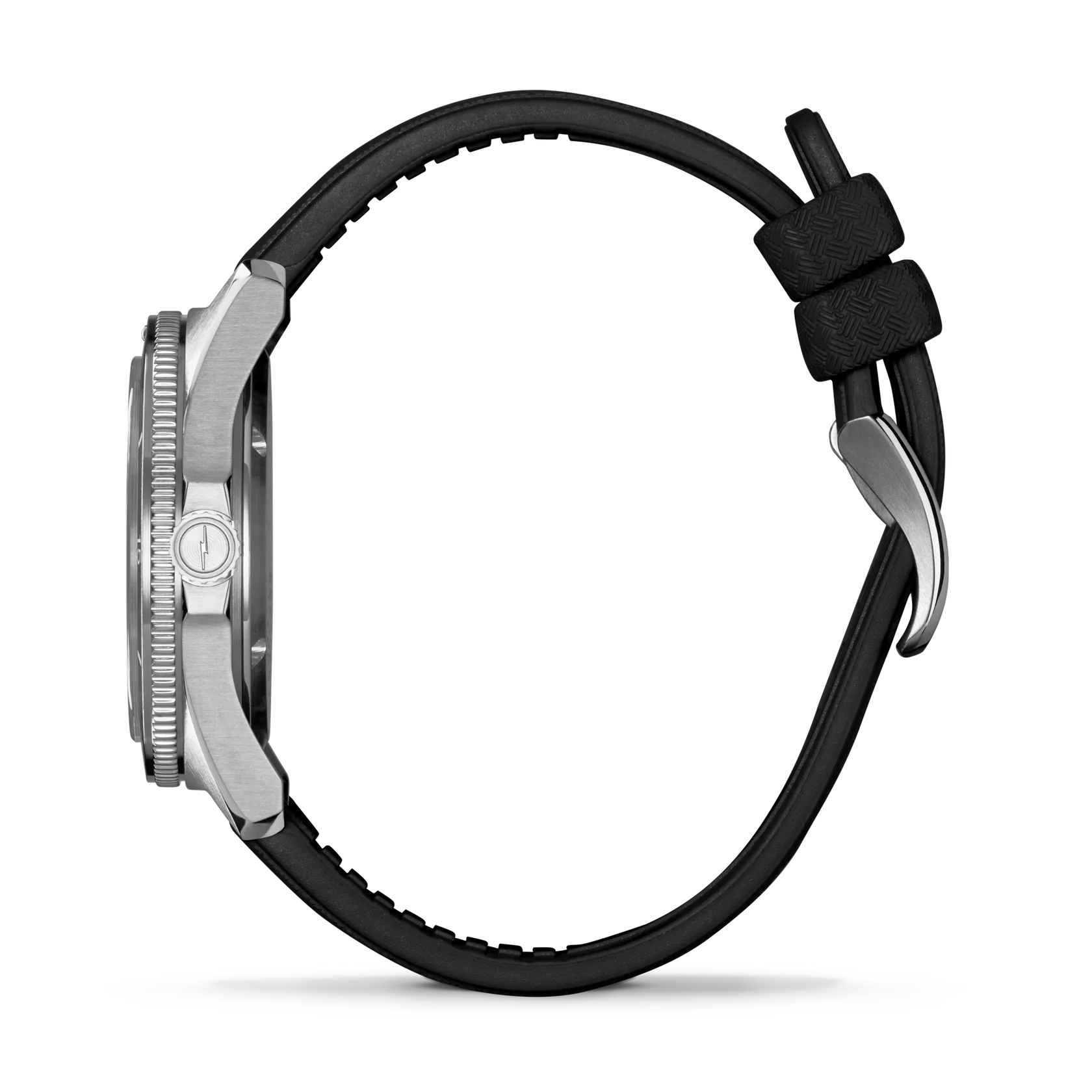 Silver watch with a black band on a white background