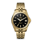 Shinola watch with gold bracelet and black dial on a white background