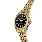 Gold wristwatch with black dial on a white background