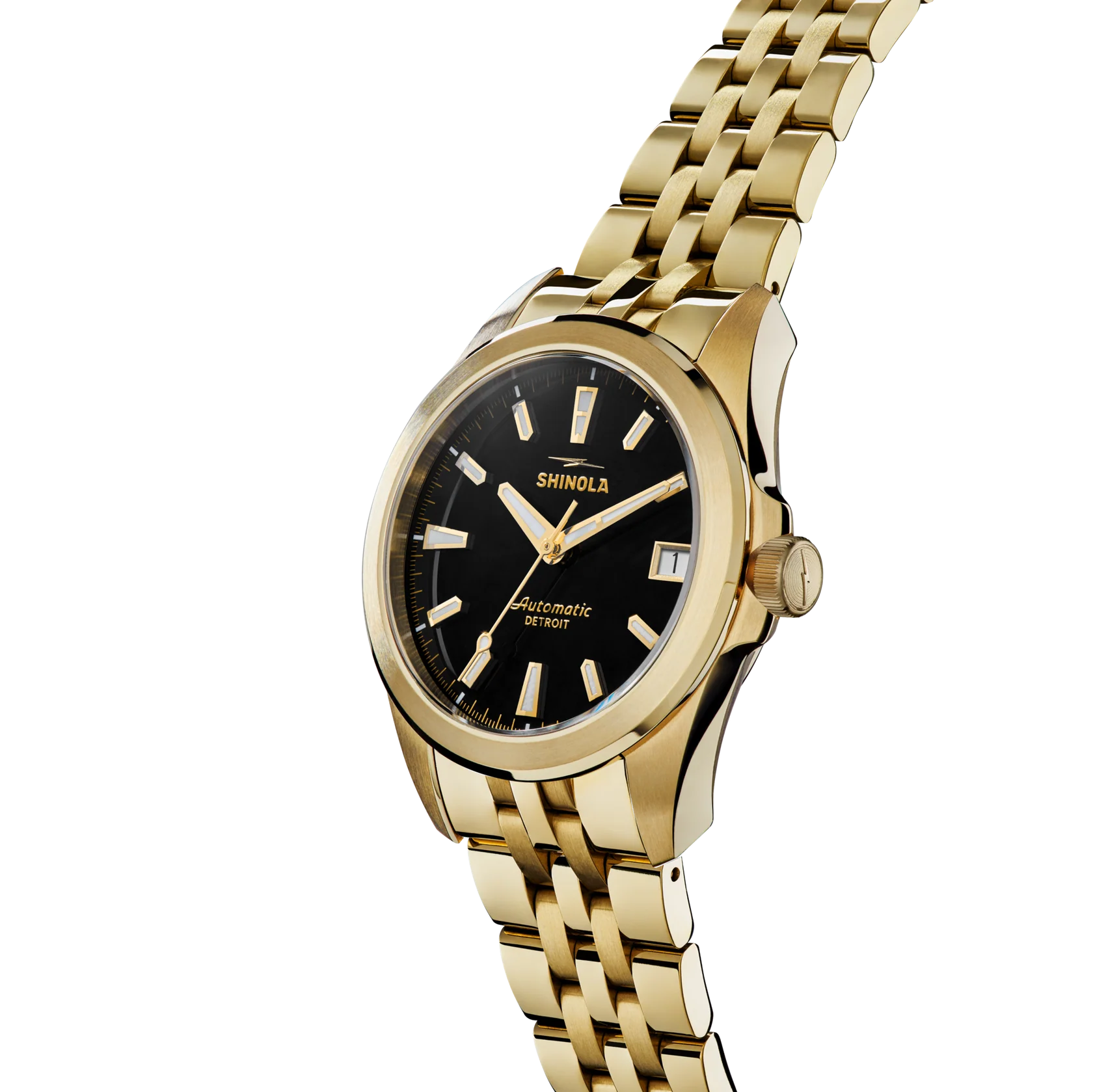 Gold wristwatch with black dial on a white background