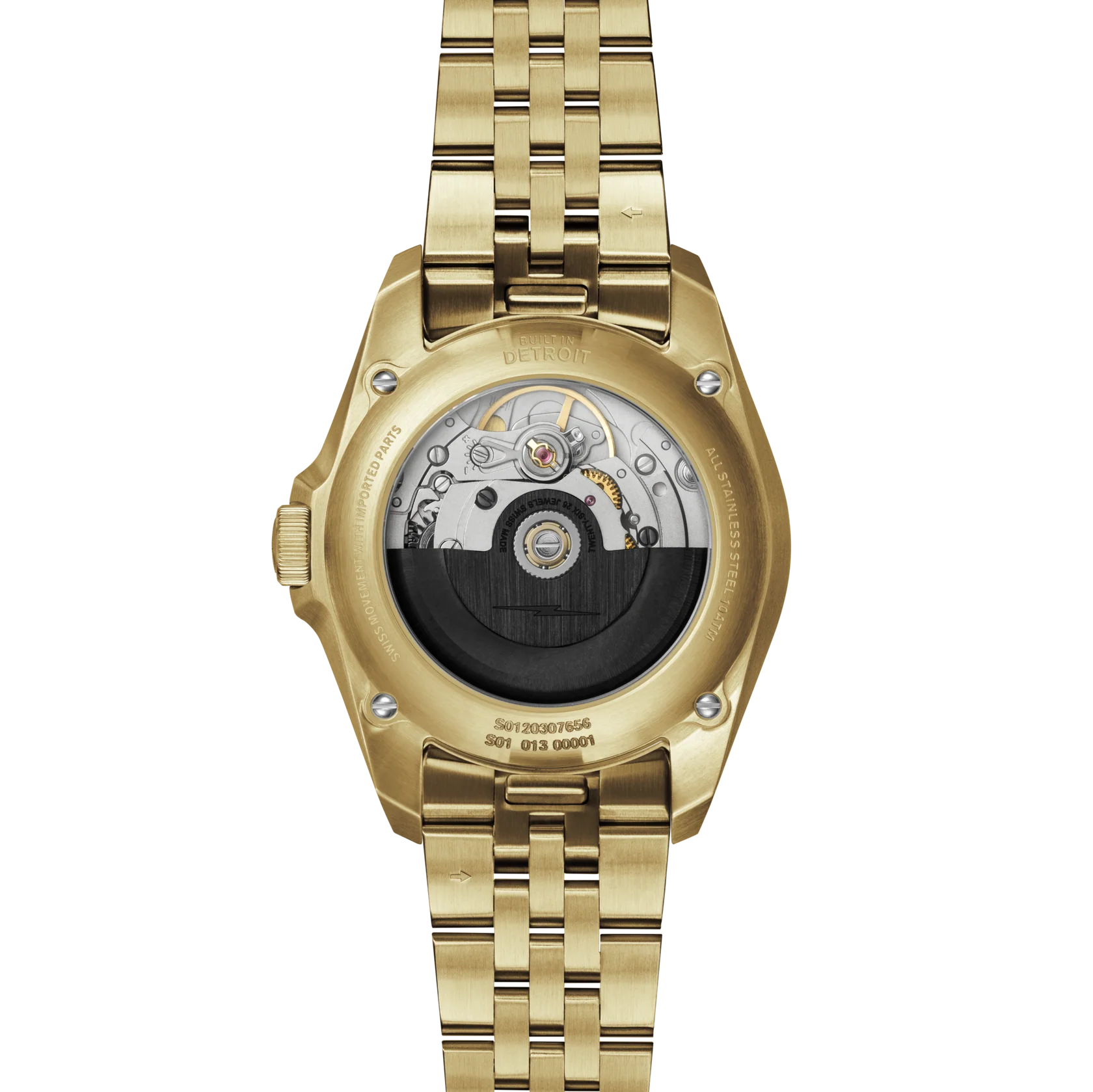 Gold wristwatch with visible mechanical components on a white background