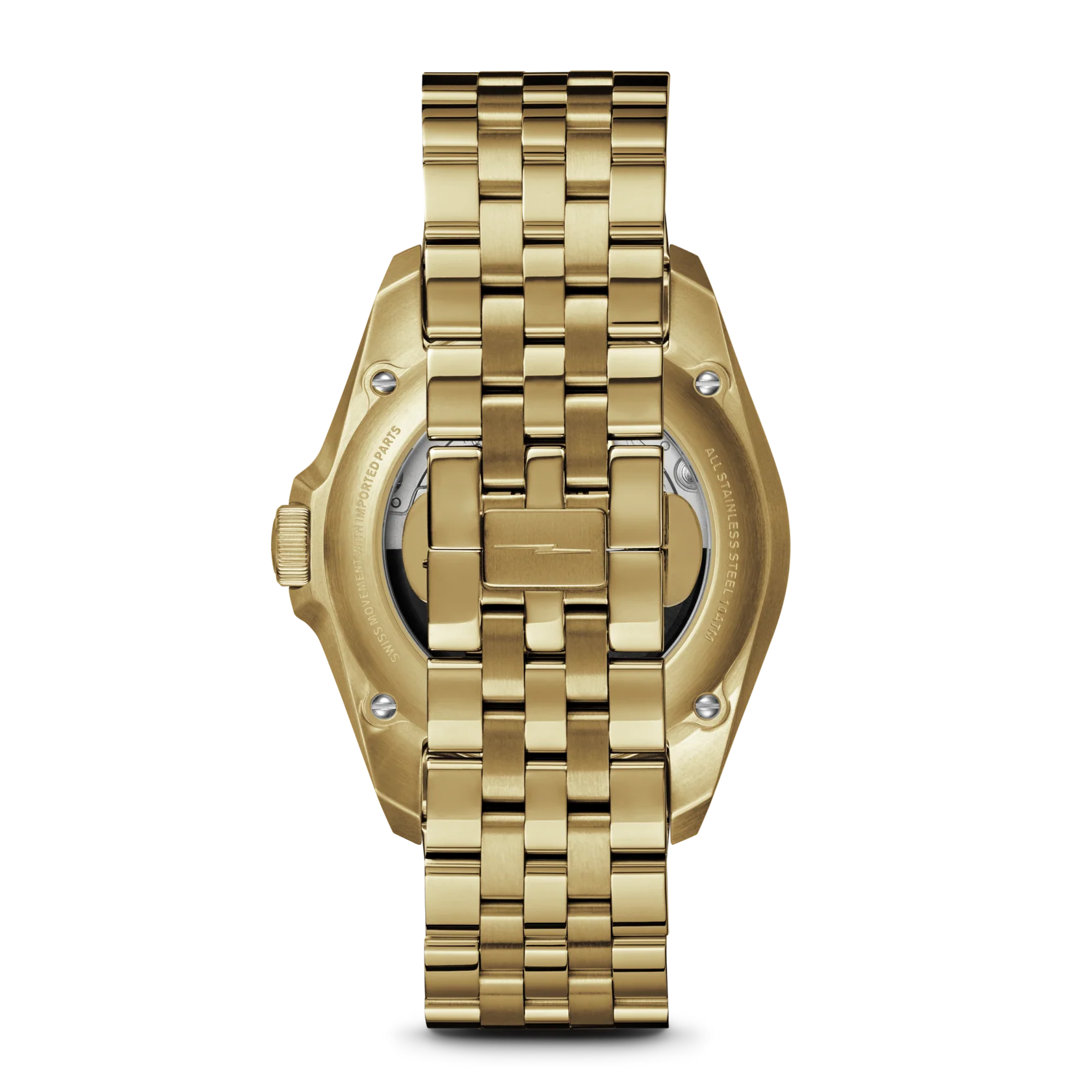 Gold watch with a detailed bracelet on a white background