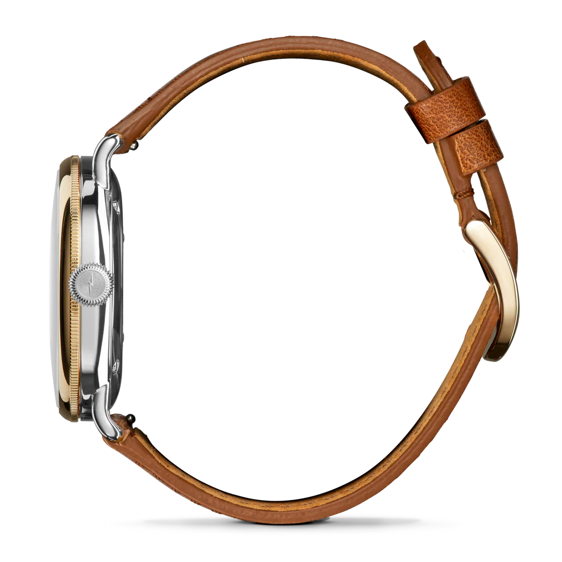 Gold and silver watch and tan band on a white background