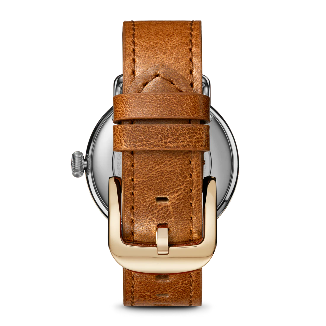Brown leather watch strap with gold buckle on a white background