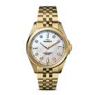 Gold Shinola watch with a white face on a white background