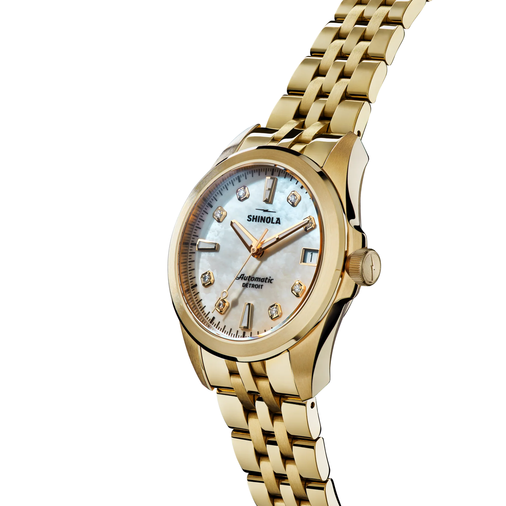 Gold Shinola watch on a white background