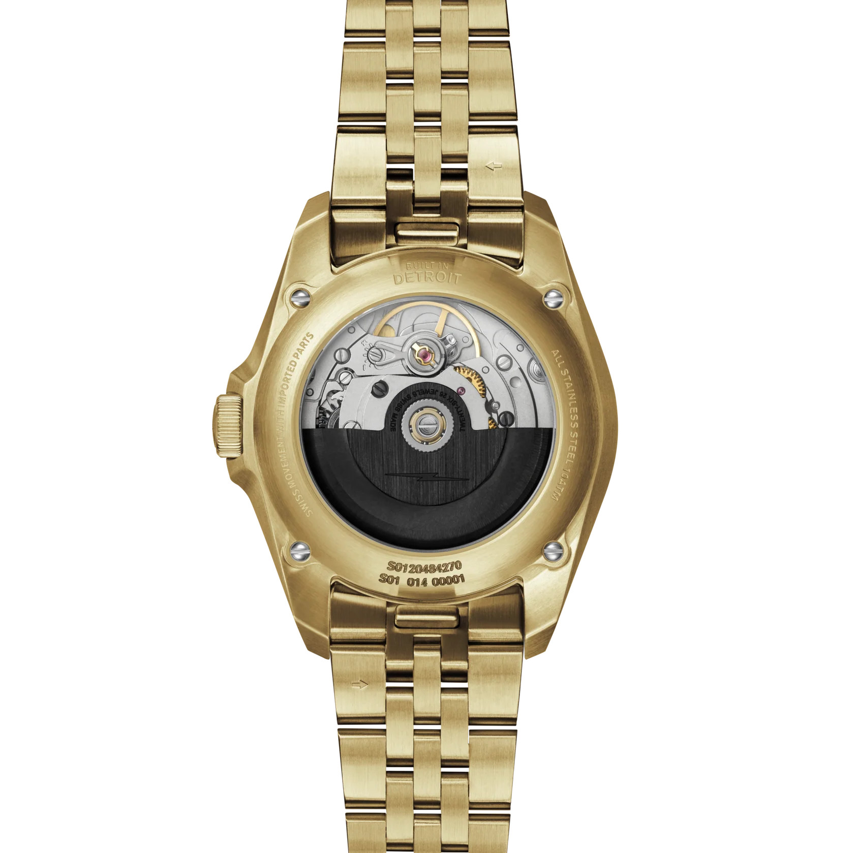 Gold wristwatch with visible mechanical components on a white background