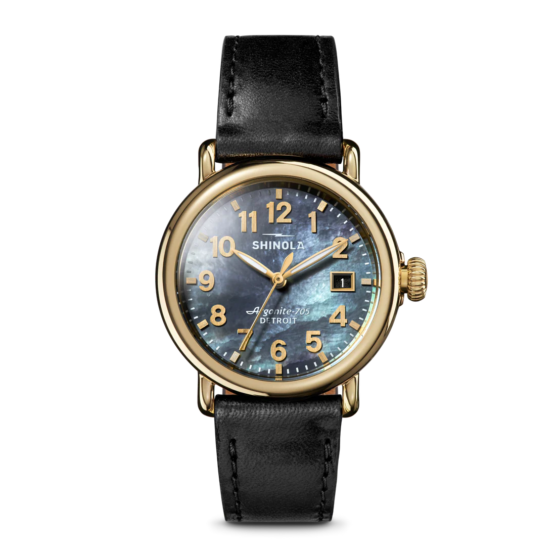 Gold watch with a grey face and black band on a white background