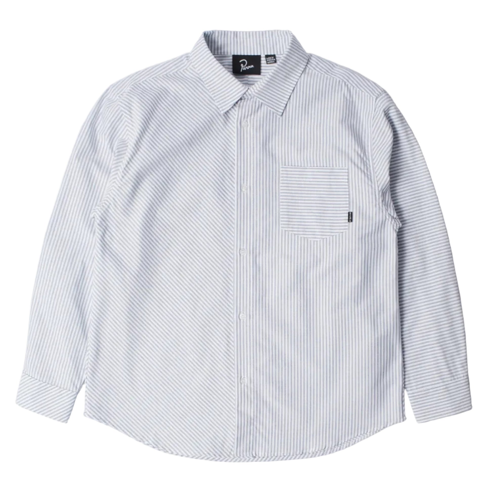Striped shirt with a brand logo on a light gray background