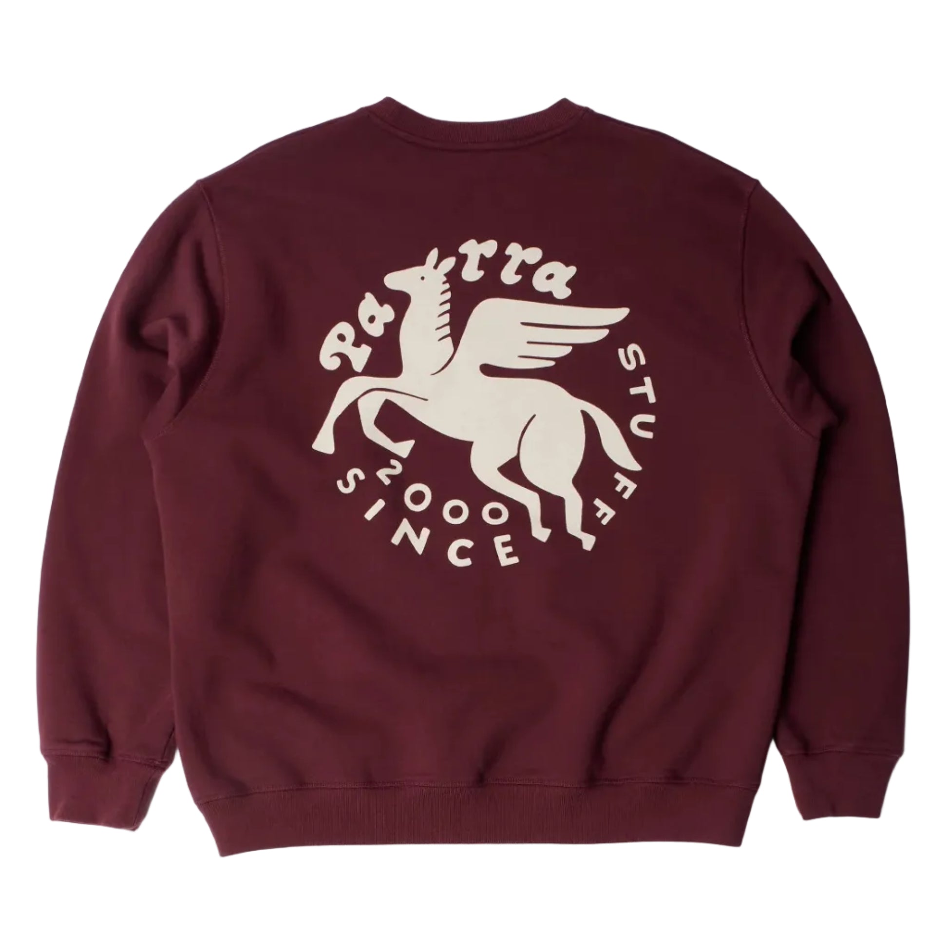 Maroon sweatshirt with white graphic design on a light gray background