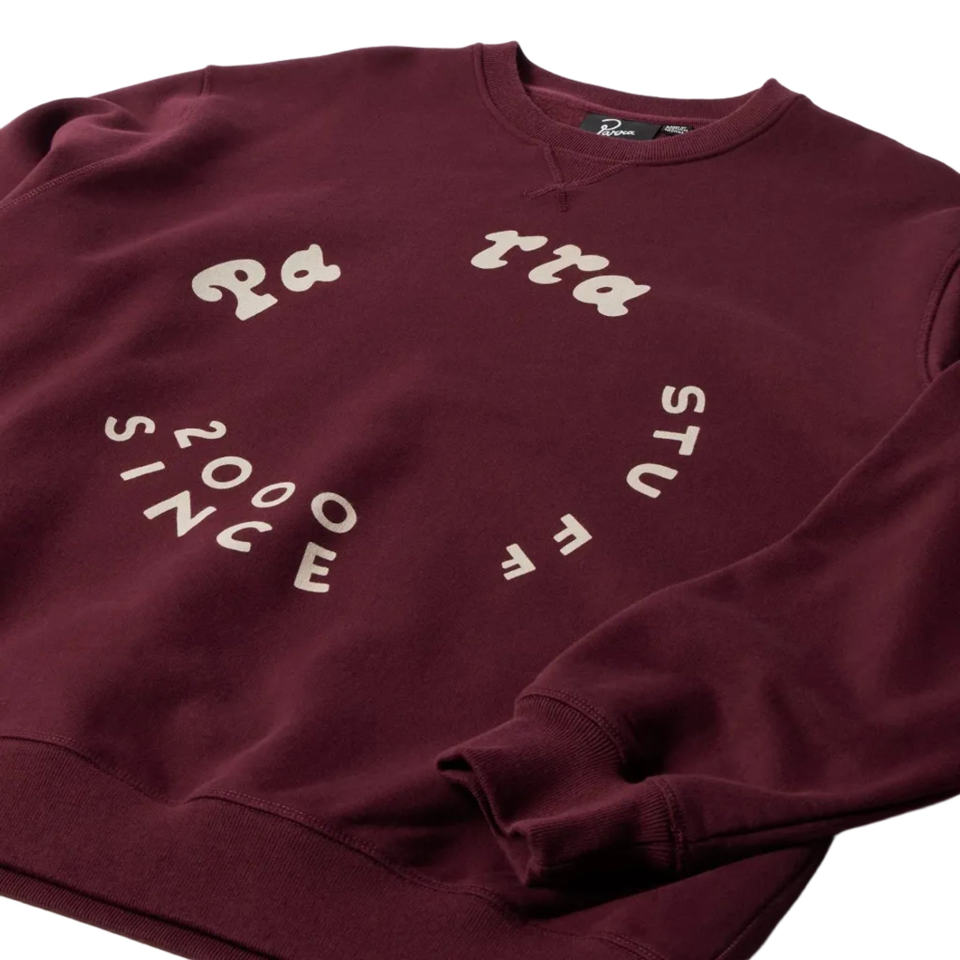 Maroon sweatshirt with white text on a white background