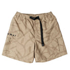 Beige shorts with a black drawstring and logo on a white background