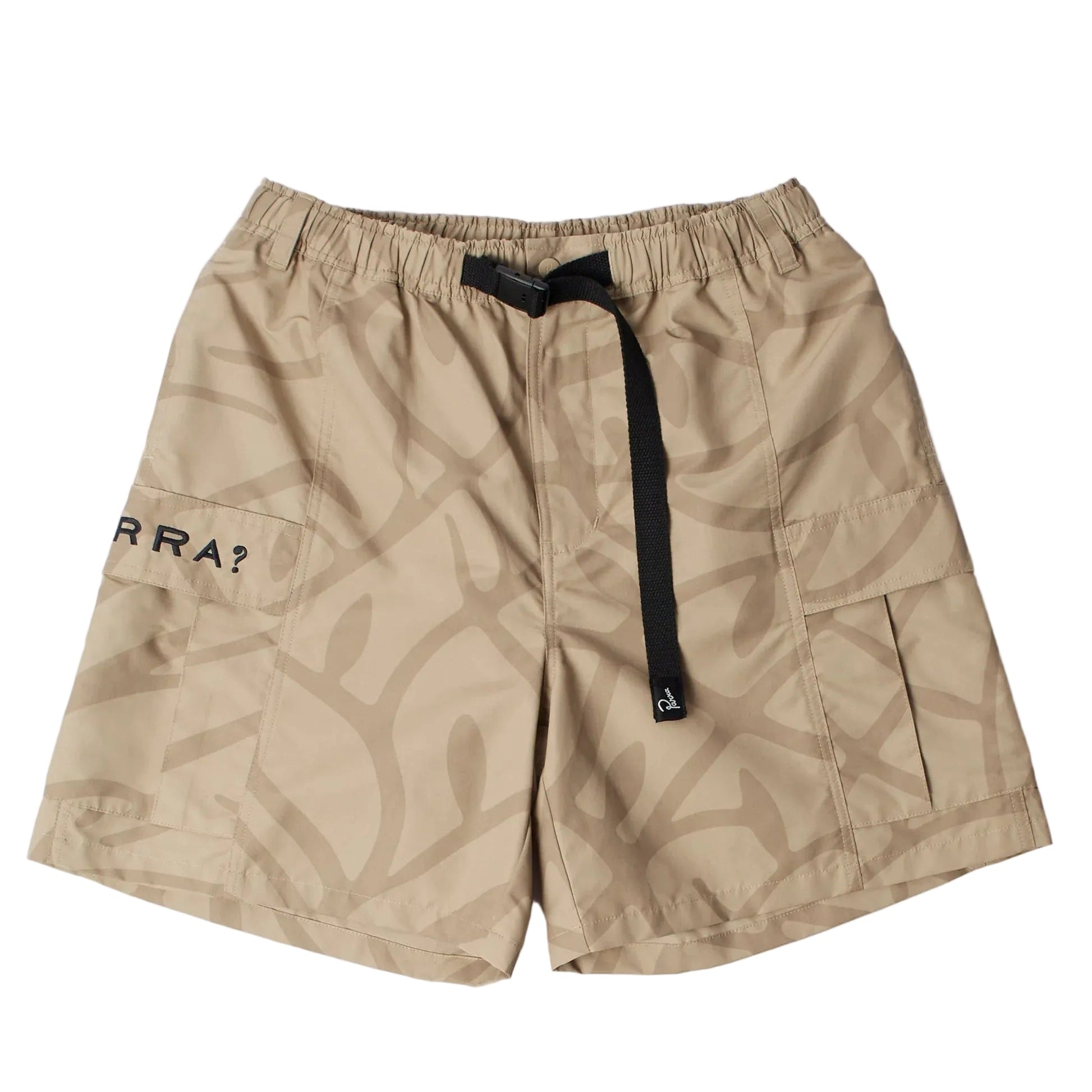 Beige shorts with a black drawstring and logo on a white background