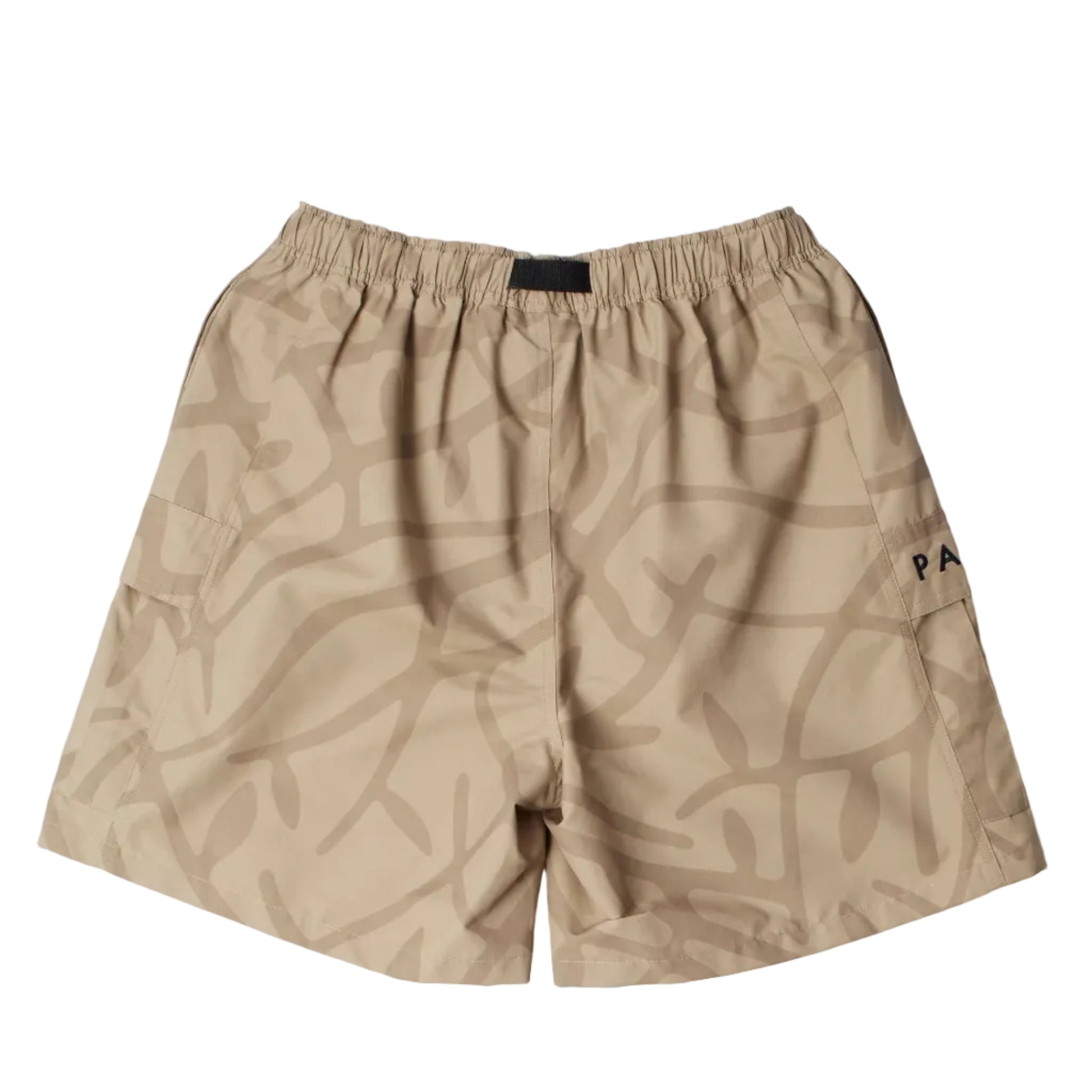 Beige shorts with a subtle pattern on a white background