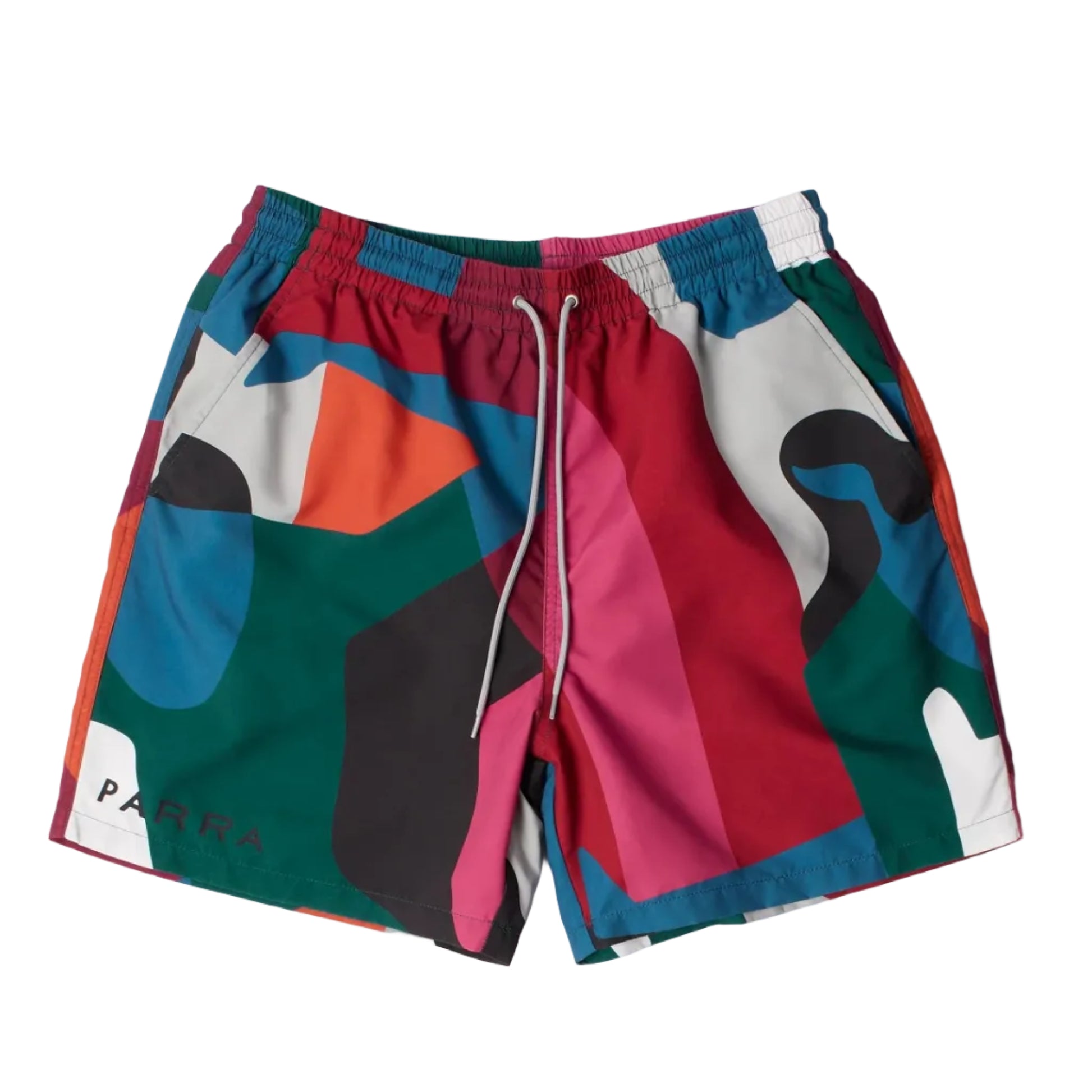 Colorful geometric-patterned shorts on a white background