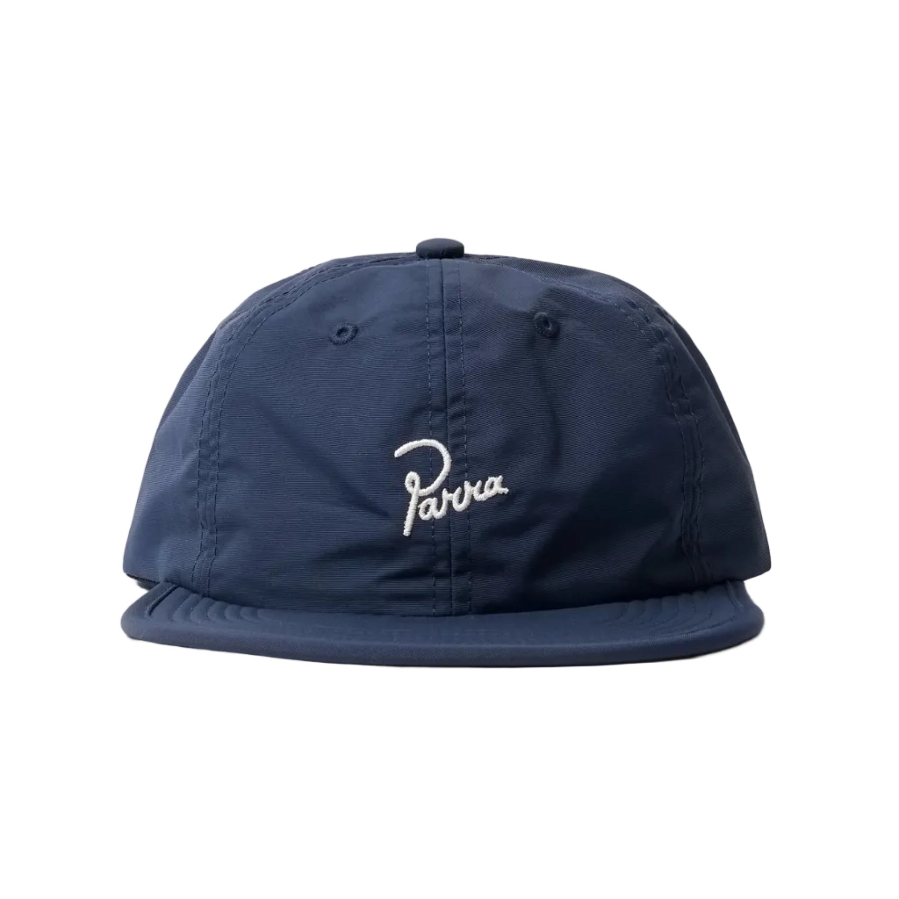 Navy blue cap with a white logo on a light gray background