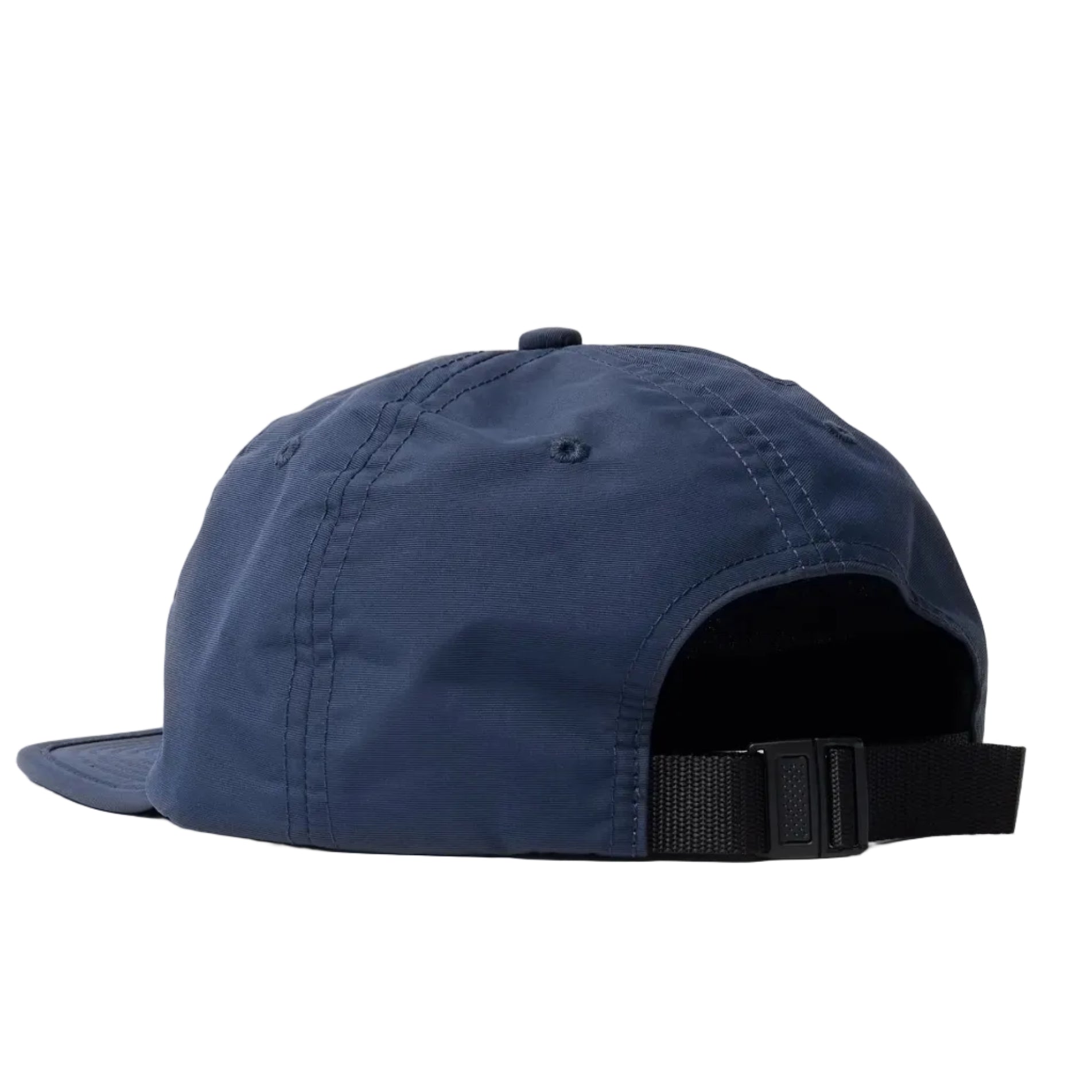 Navy blue cap with a black strap on a light gray background