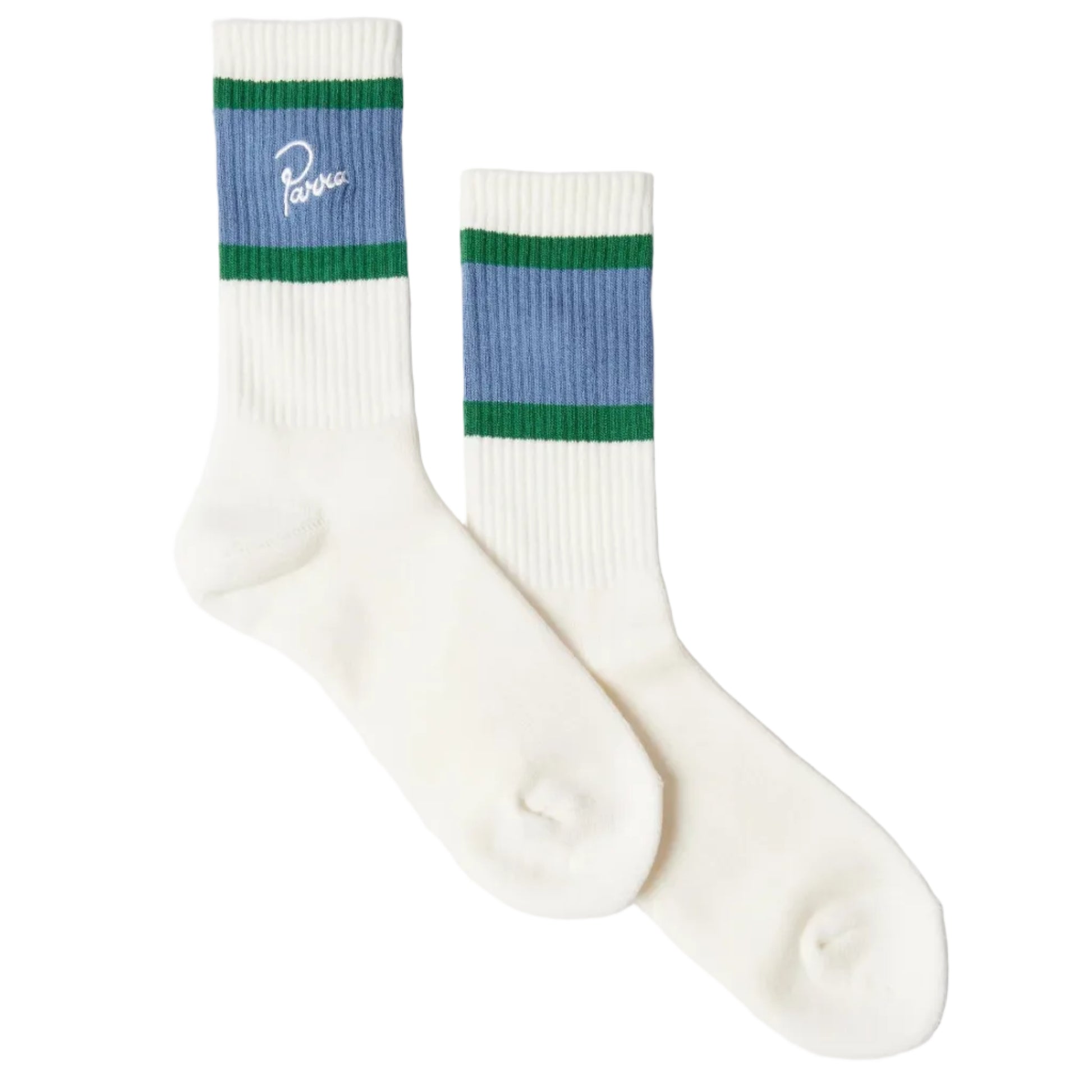 White socks with green and blue accents on a light gray background
